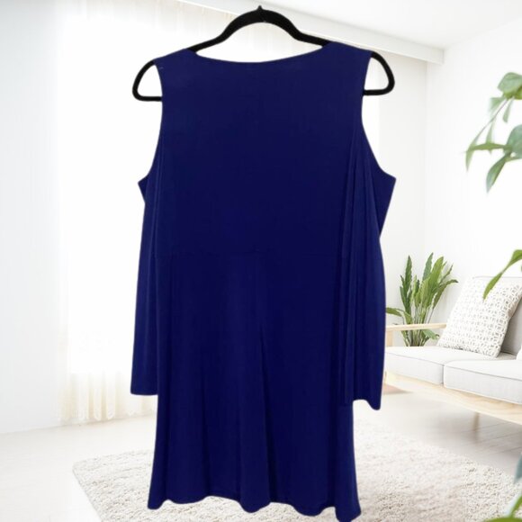 Navy Cold Shoulder Blouse – Size Medium – Metallic Neckline Detail, Flowy Sleeve - Picture 3 of 12